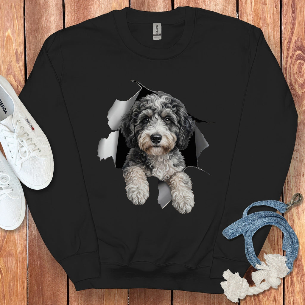 Aussiedoodle Peeking Sweatshirt in Black / S by Puppy Jo