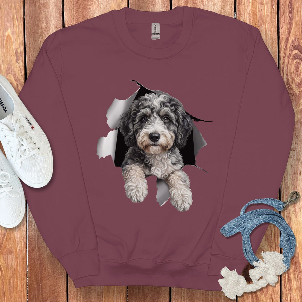 Aussiedoodle Peeking Sweatshirt in Maroon / S by Puppy Jo