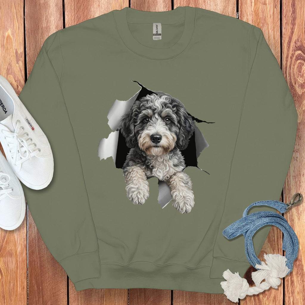 Aussiedoodle Peeking Sweatshirt in Military Green / S by Puppy Jo