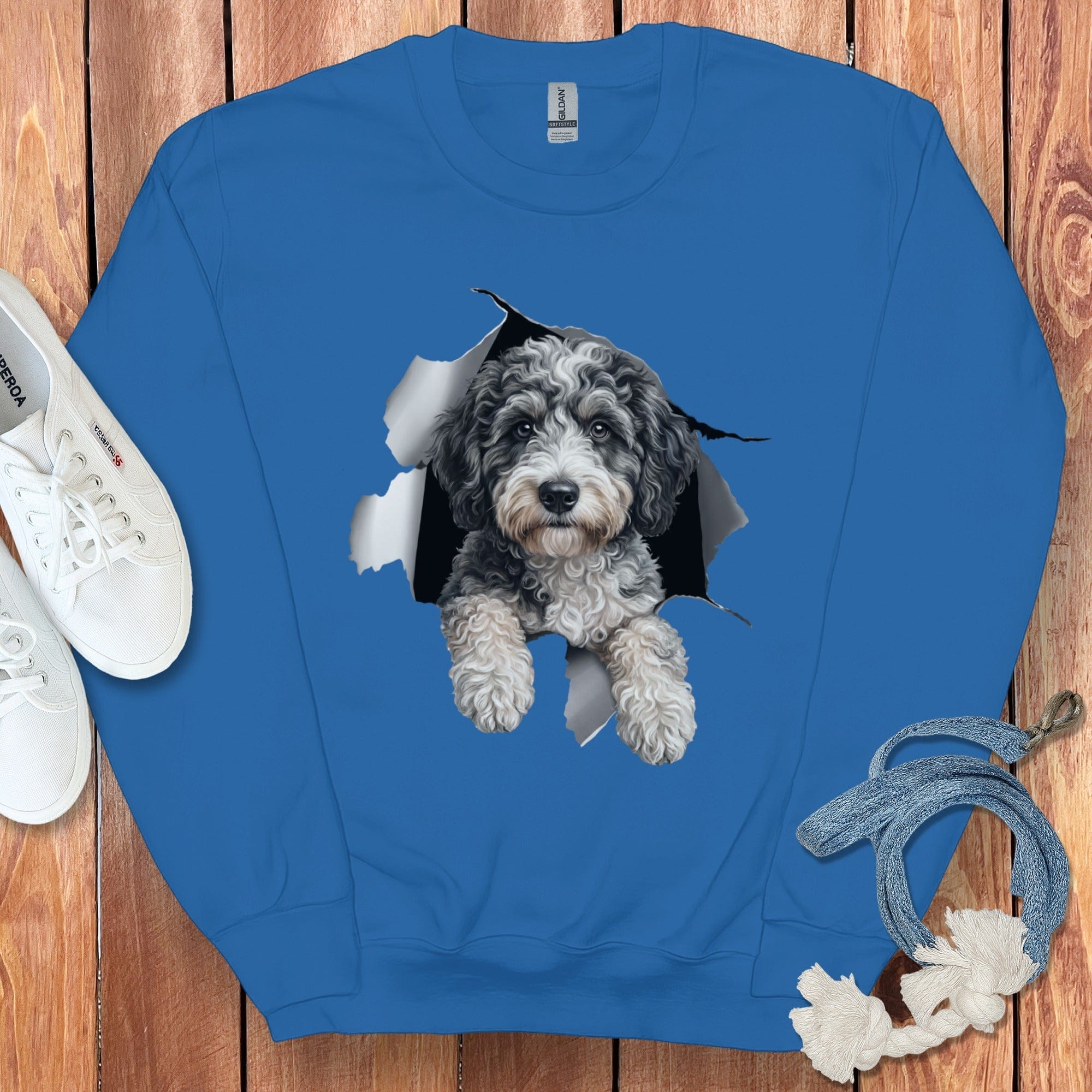 Aussiedoodle Peeking Sweatshirt in Royal / S by Puppy Jo