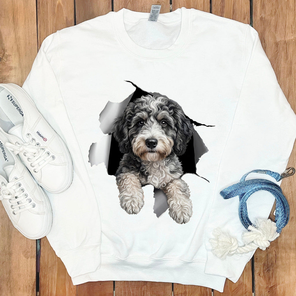 Aussiedoodle Peeking Sweatshirt in White / S by Puppy Jo