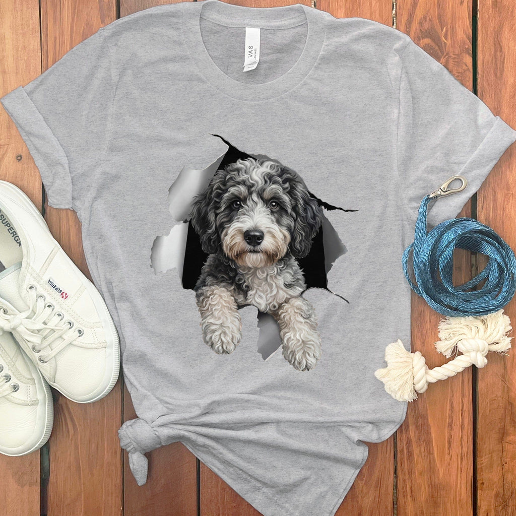 Aussiedoodle Peeking T-Shirt in Athletic Heather / S by Puppy Jo