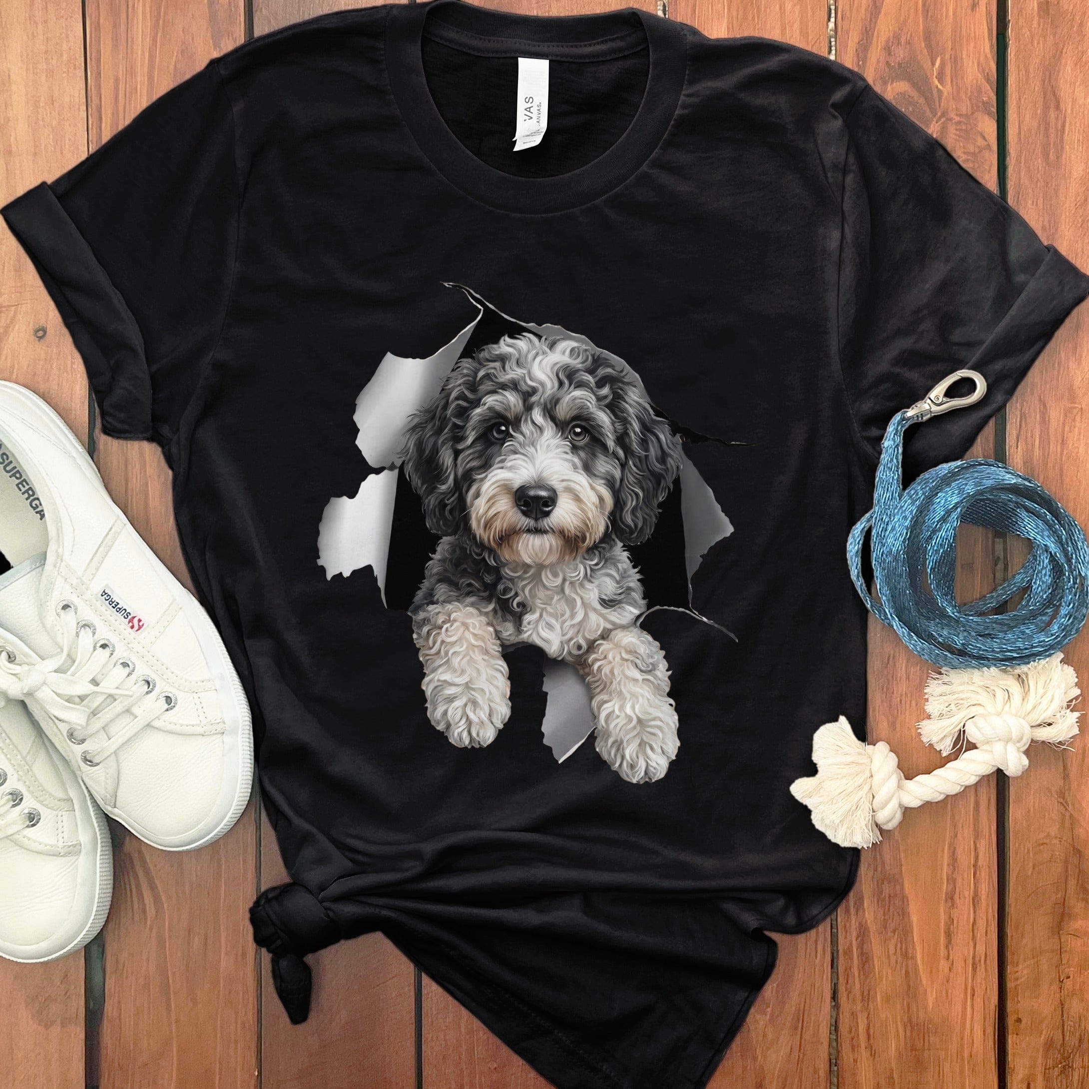 Aussiedoodle Peeking T-Shirt in Black / S by Puppy Jo