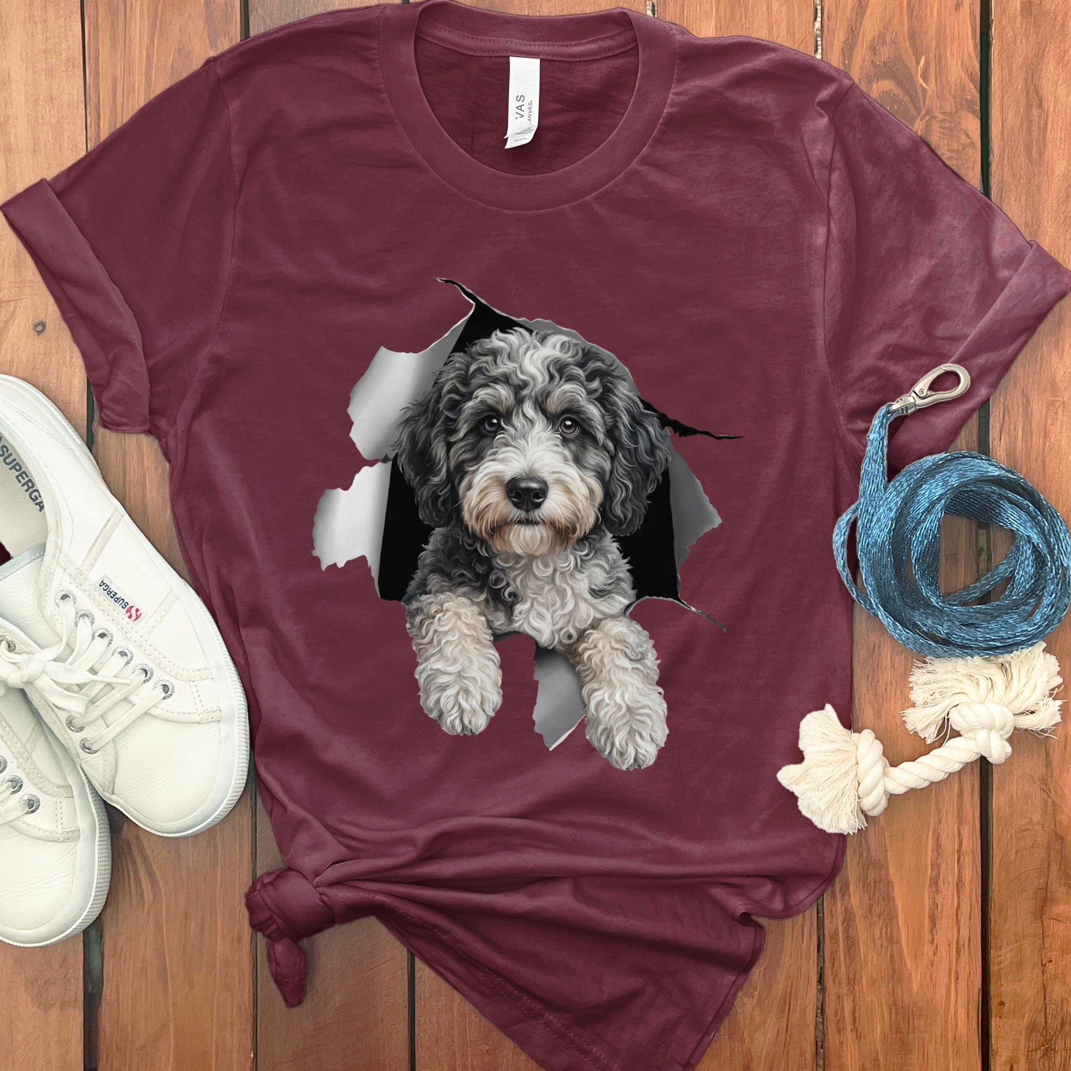 Aussiedoodle Peeking T-Shirt in Maroon / S by Puppy Jo