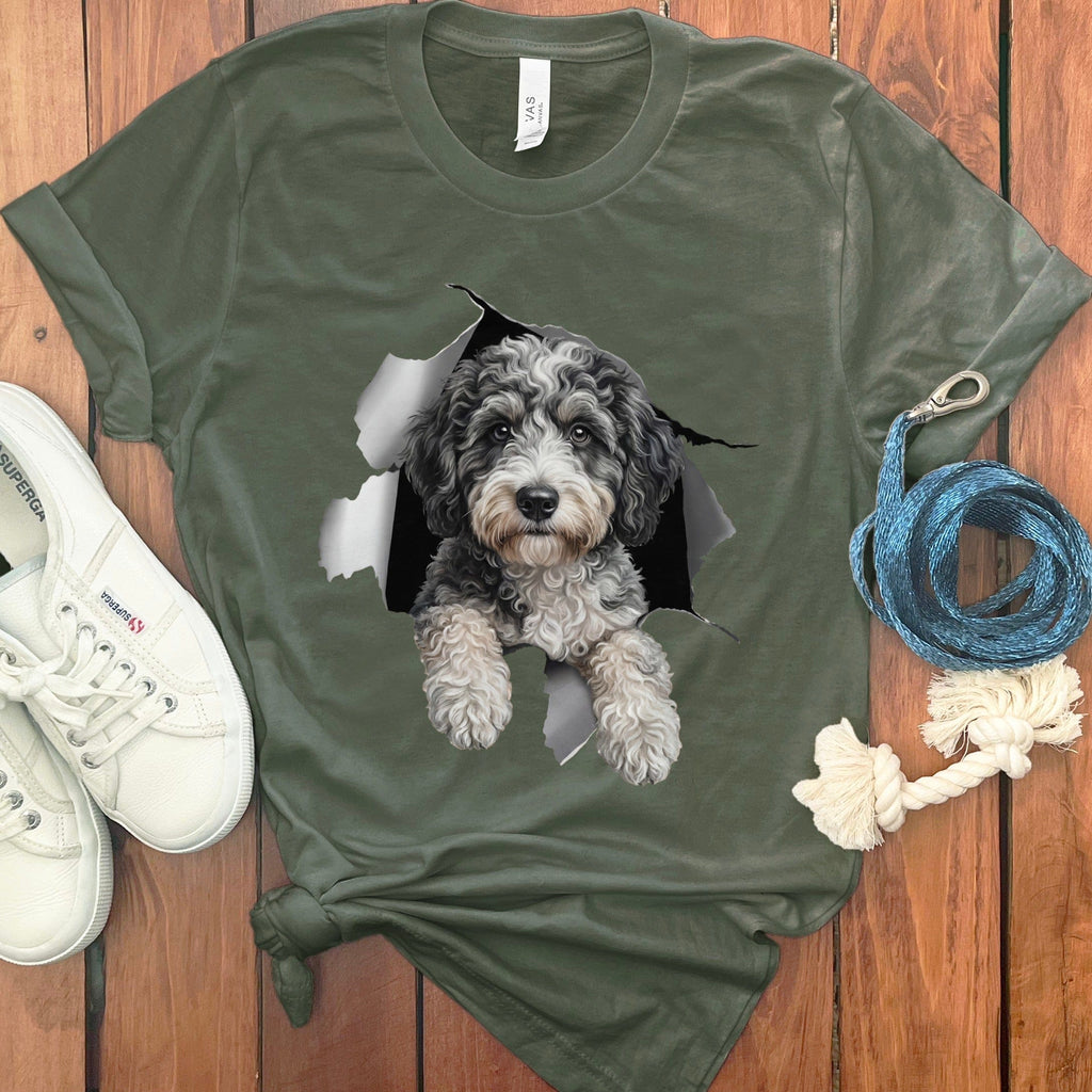 Aussiedoodle Peeking T-Shirt in Military Green / S by Puppy Jo