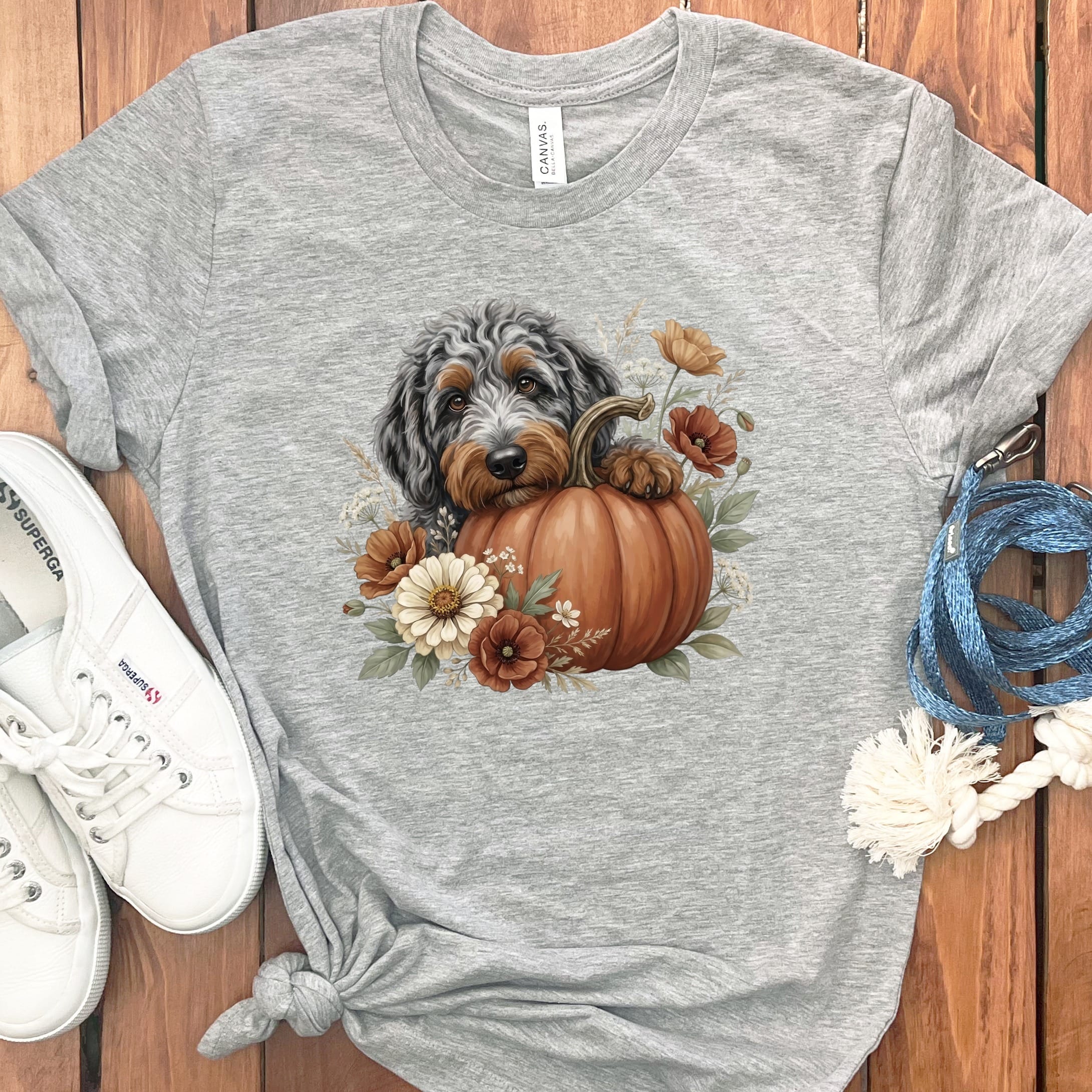 Aussiedoodle Pumpkin Hug T-Shirt in Athletic Heather / S by Puppy Jo