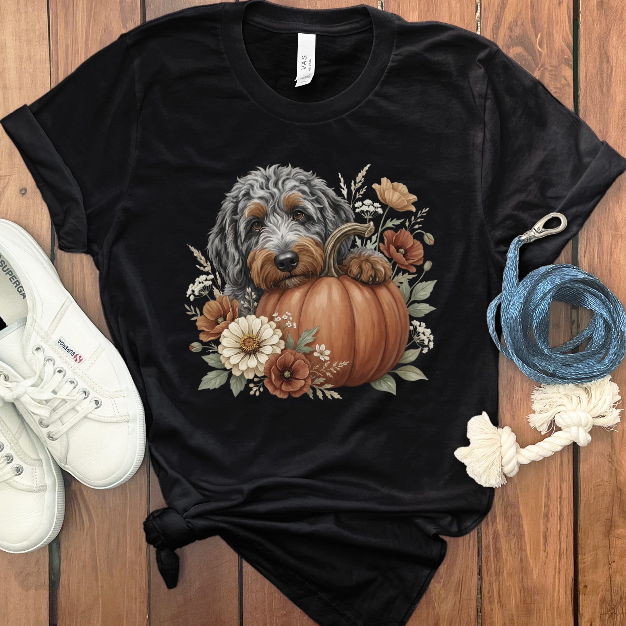 Aussiedoodle Pumpkin Hug T-Shirt in Black / S by Puppy Jo