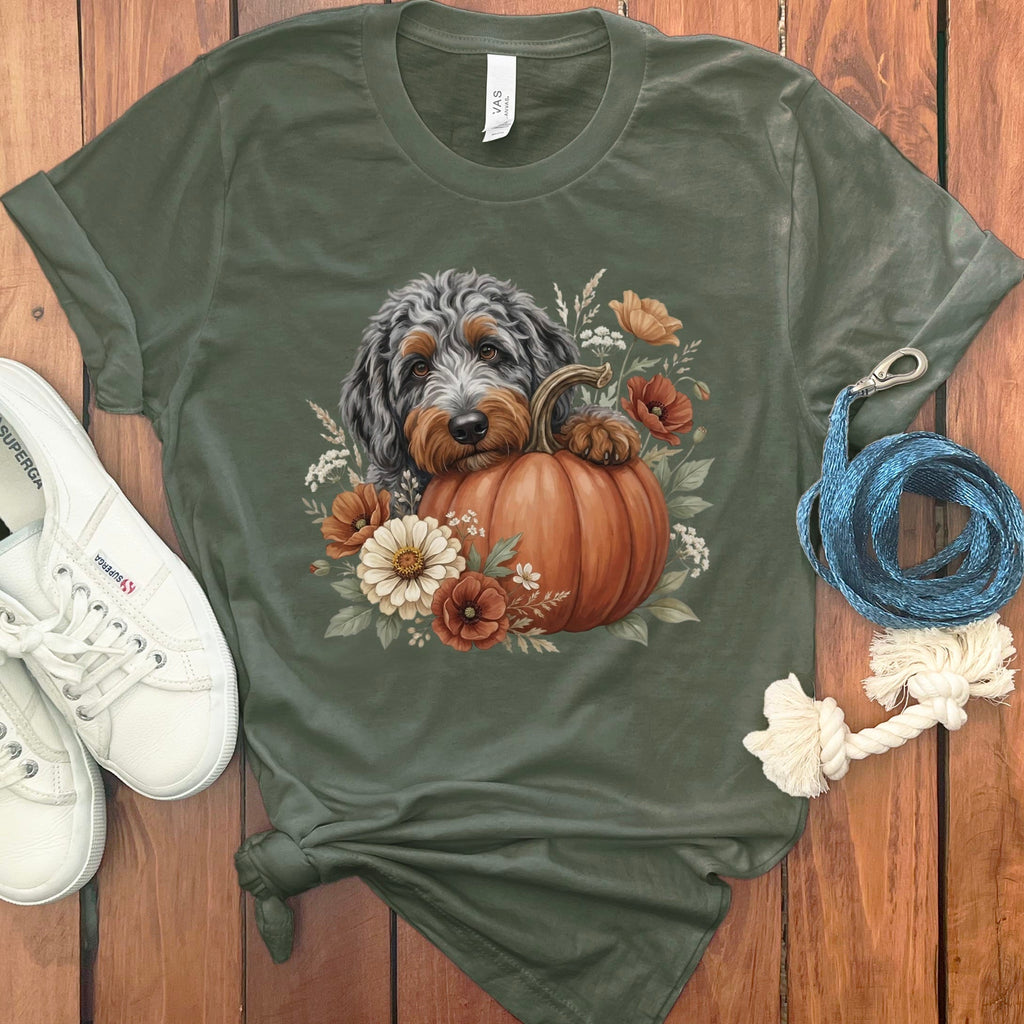 Aussiedoodle Pumpkin Hug T-Shirt in Military Green / S by Puppy Jo