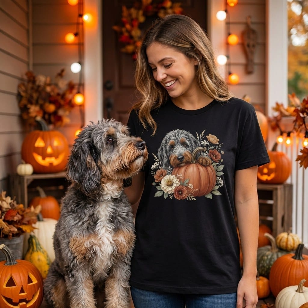 Aussiedoodle Pumpkin Hug T-Shirt in by Puppy Jo