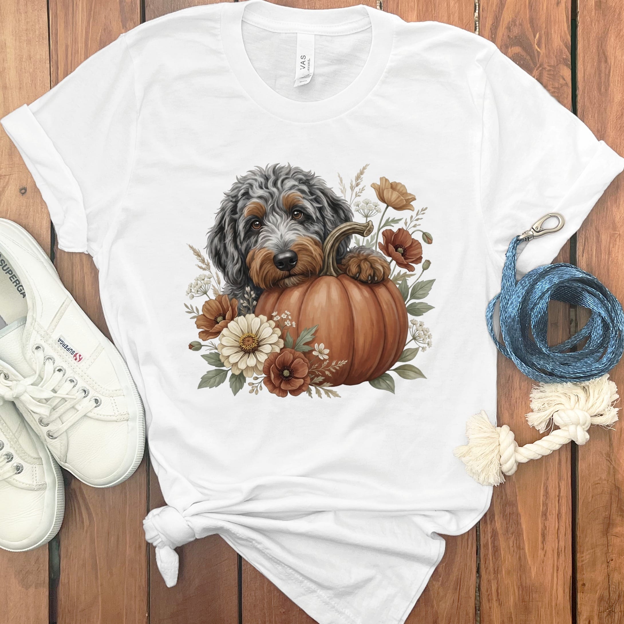 Aussiedoodle Pumpkin Hug T-Shirt in White / S by Puppy Jo