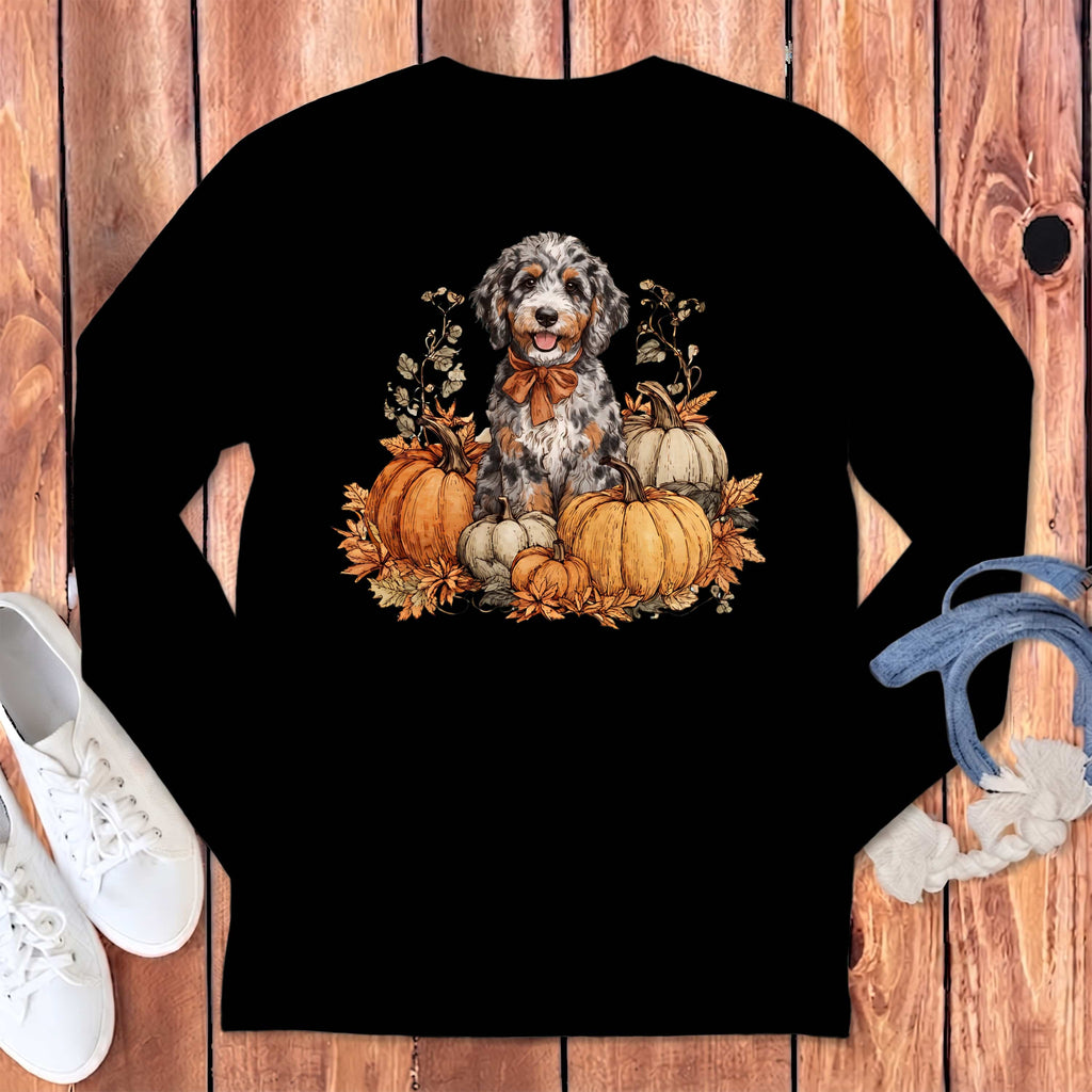 Aussiedoodle Pumpkin Time Long Sleeve T-Shirt in Black / S by Puppy Jo
