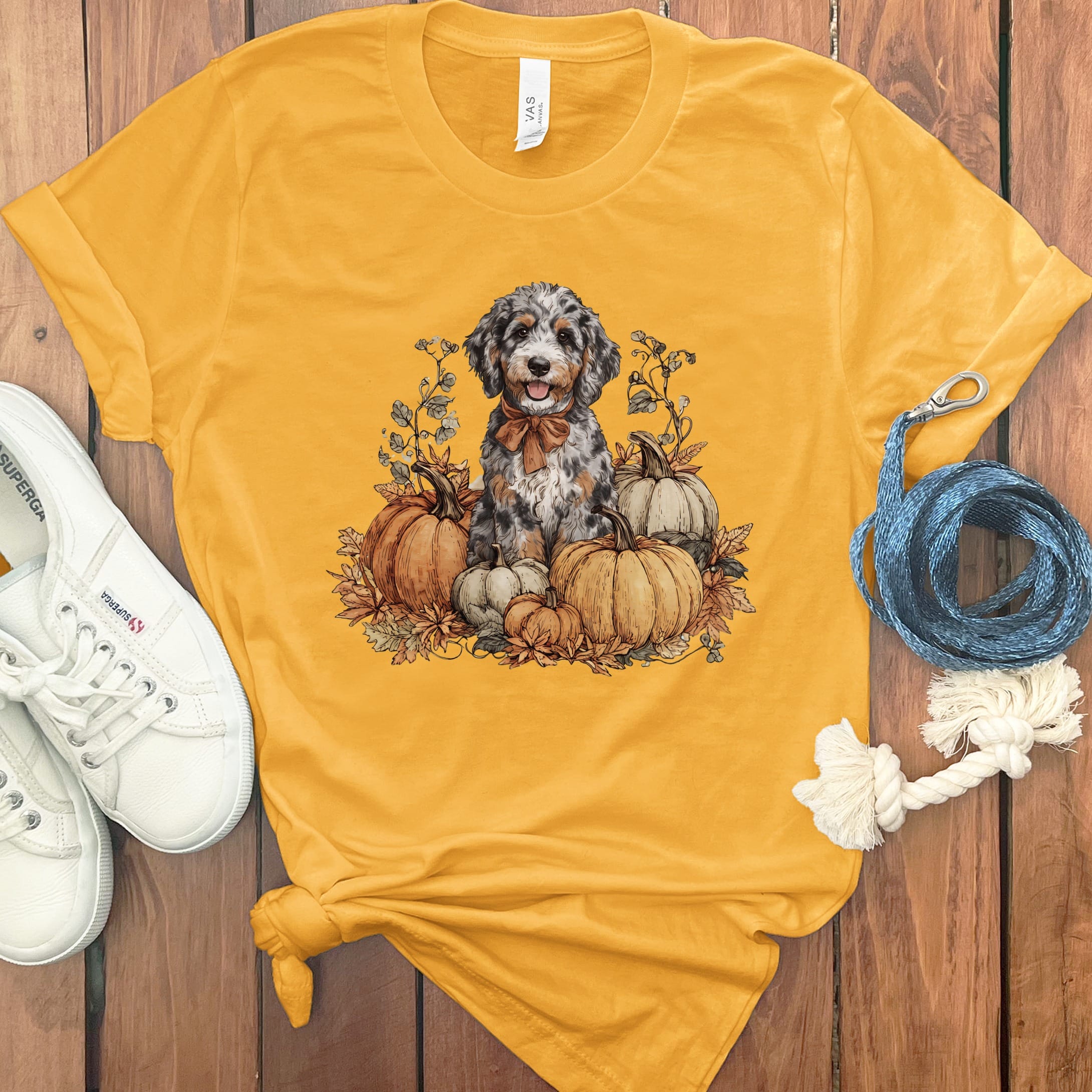 Aussiedoodle Pumpkin Time T-Shirt in Gold / S by Puppy Jo