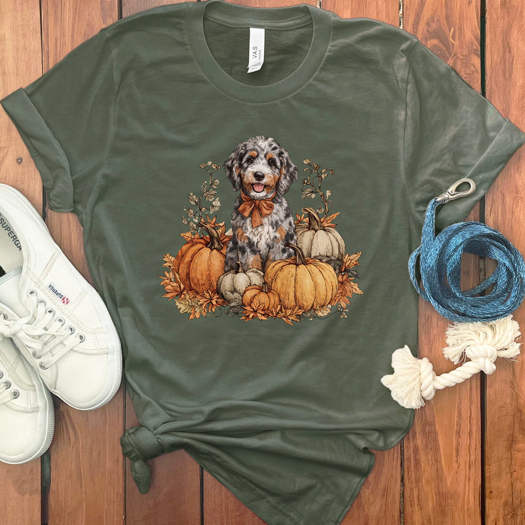 Aussiedoodle Pumpkin Time T-Shirt in Military Green / S by Puppy Jo