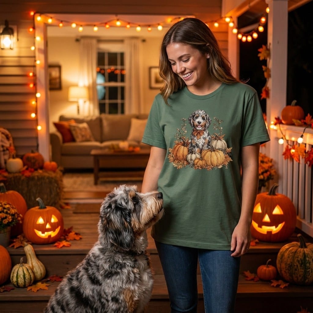 Aussiedoodle Pumpkin Time T-Shirt in by Puppy Jo