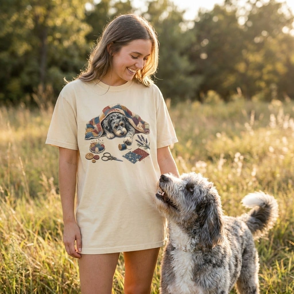 Aussiedoodle Quilting Buddy Signature T-Shirt in by Puppy Jo