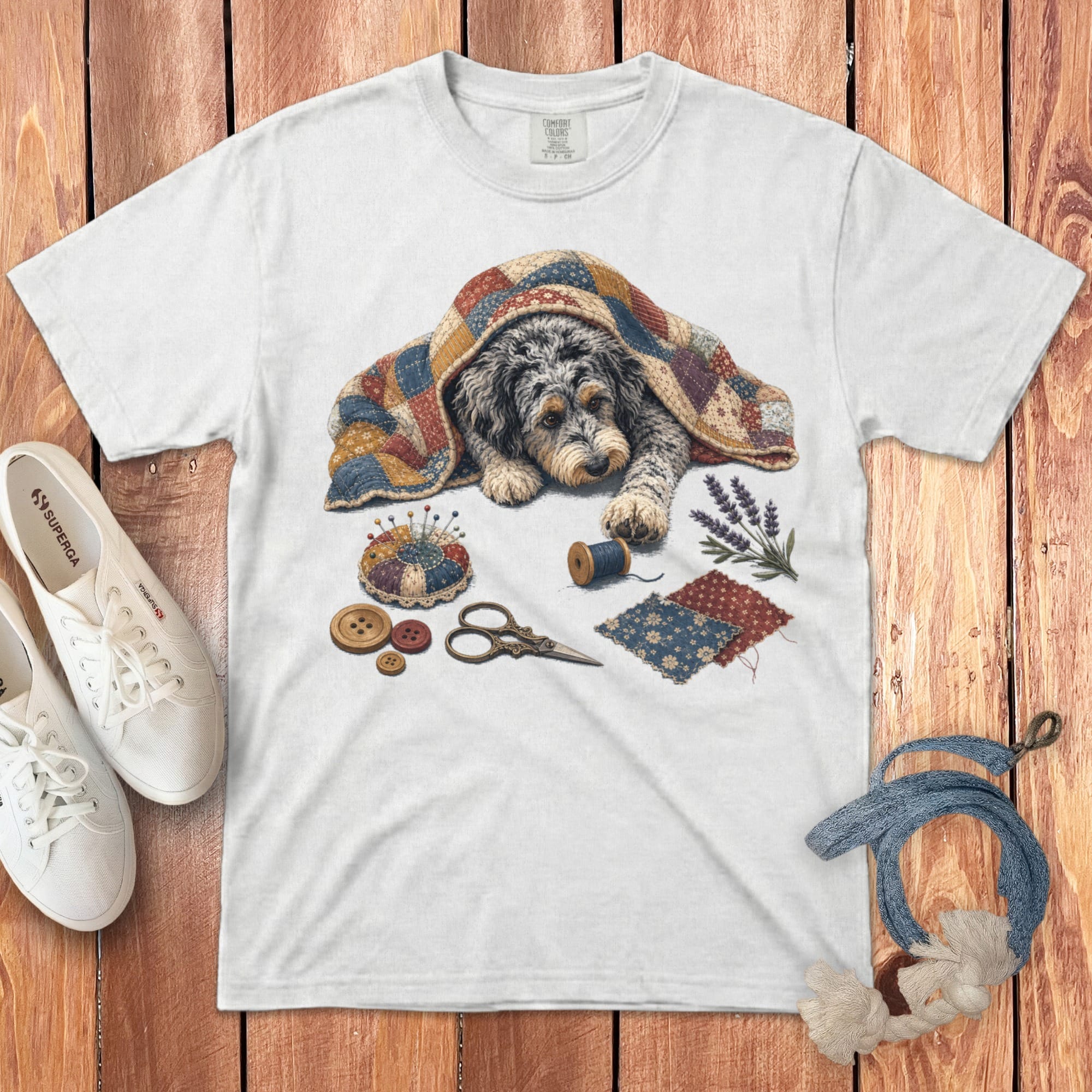 Aussiedoodle Quilting Buddy Signature T-Shirt in White / S by Puppy Jo