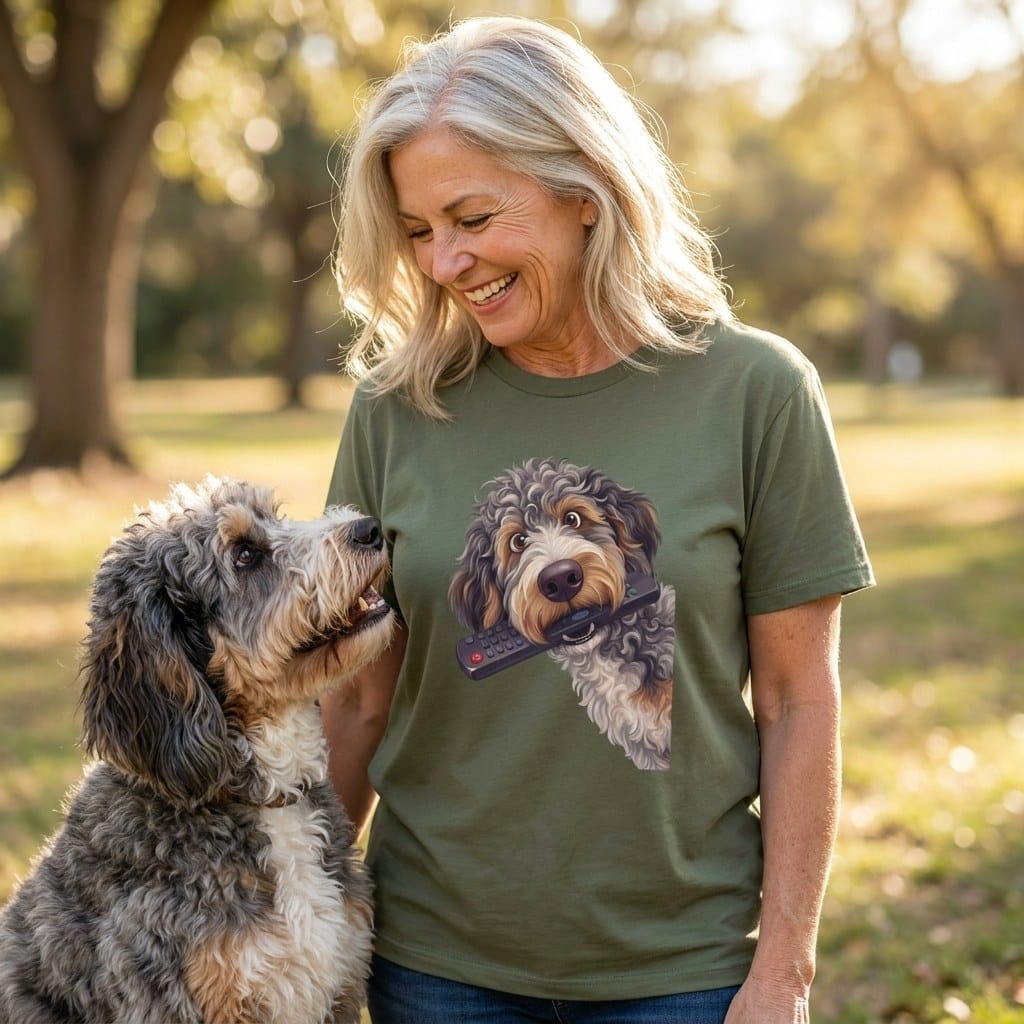 Aussiedoodle Remote T-Shirt in by Puppy Jo