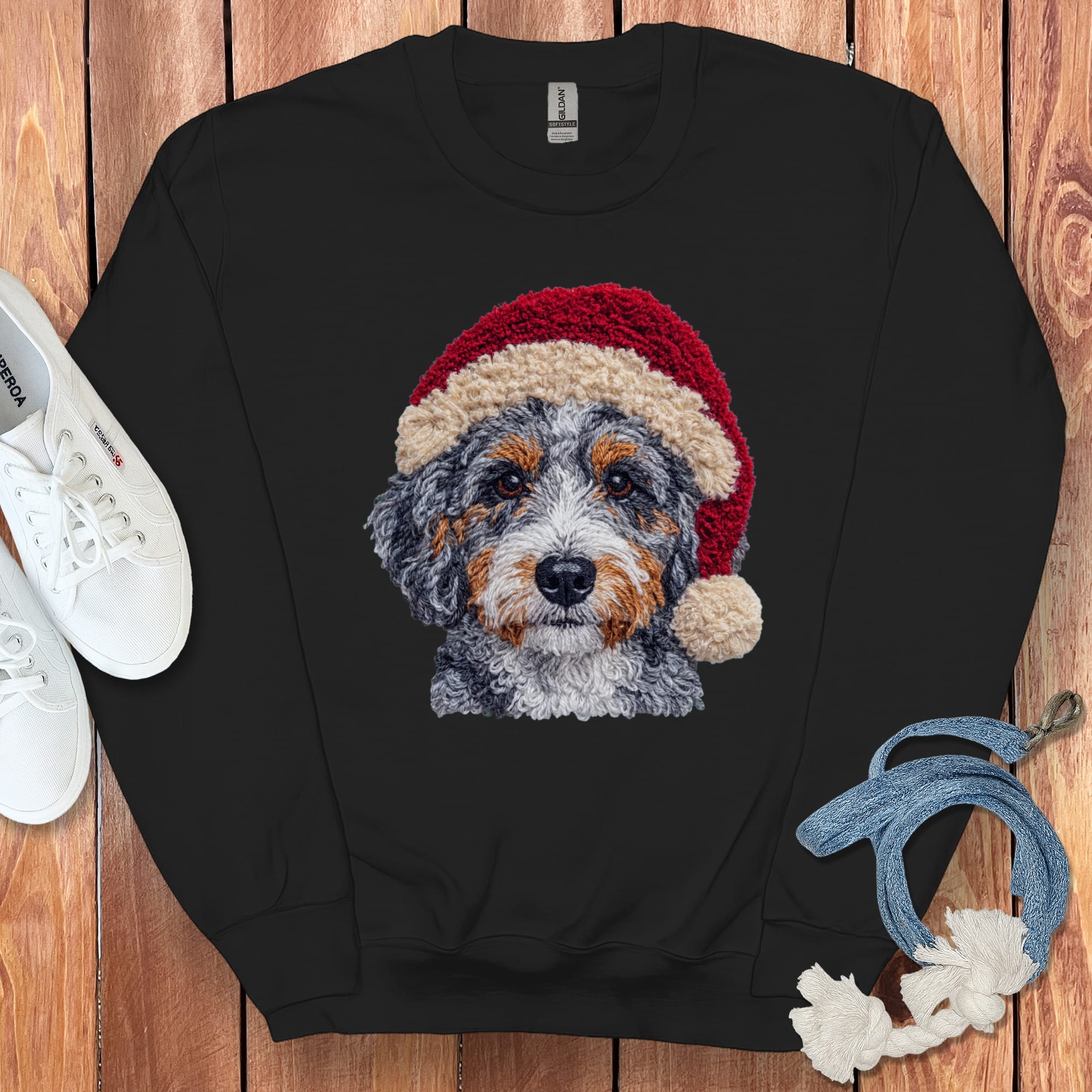 Aussiedoodle Santa Faux Yarn Sweatshirt in Black / S by Puppy Jo