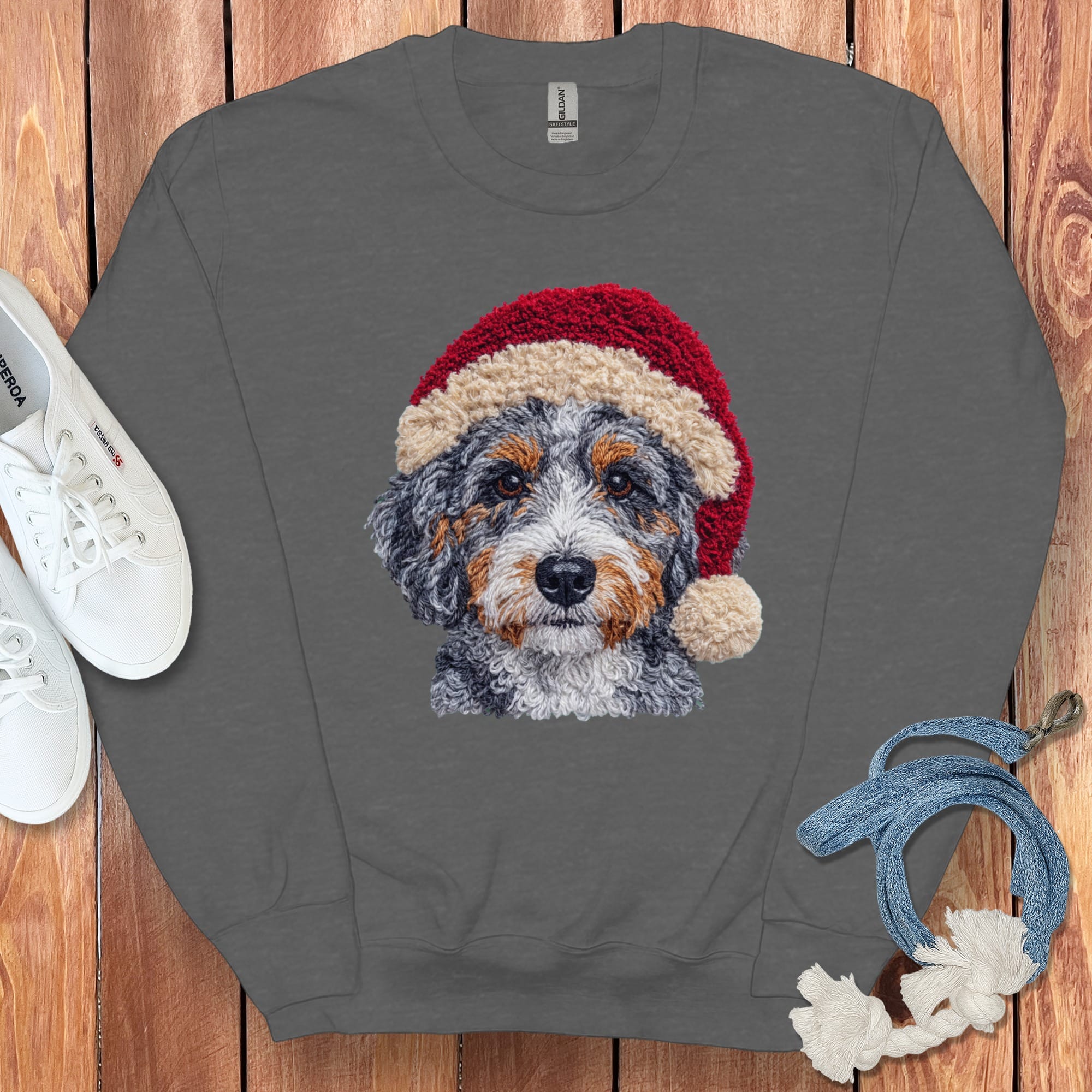 Aussiedoodle Santa Faux Yarn Sweatshirt in Dark Heather / S by Puppy Jo