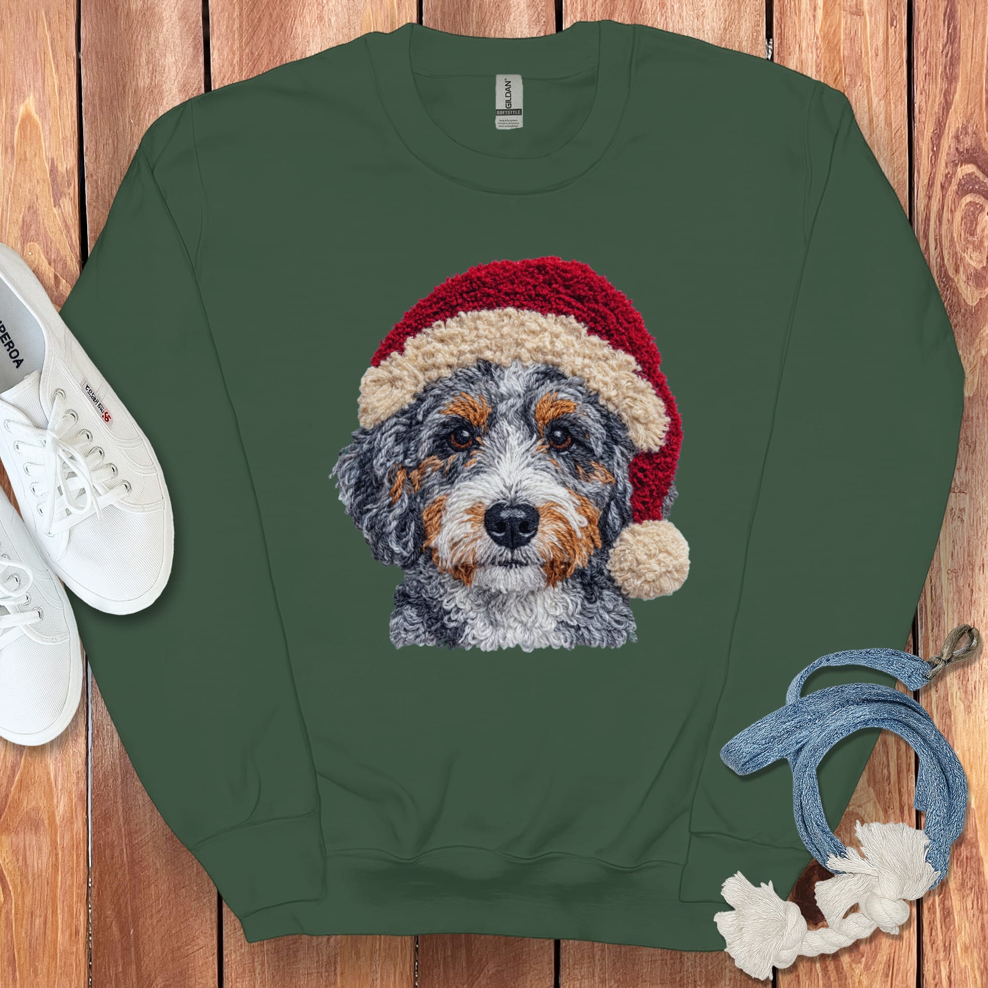 Aussiedoodle Santa Faux Yarn Sweatshirt in Forest Green / S by Puppy Jo