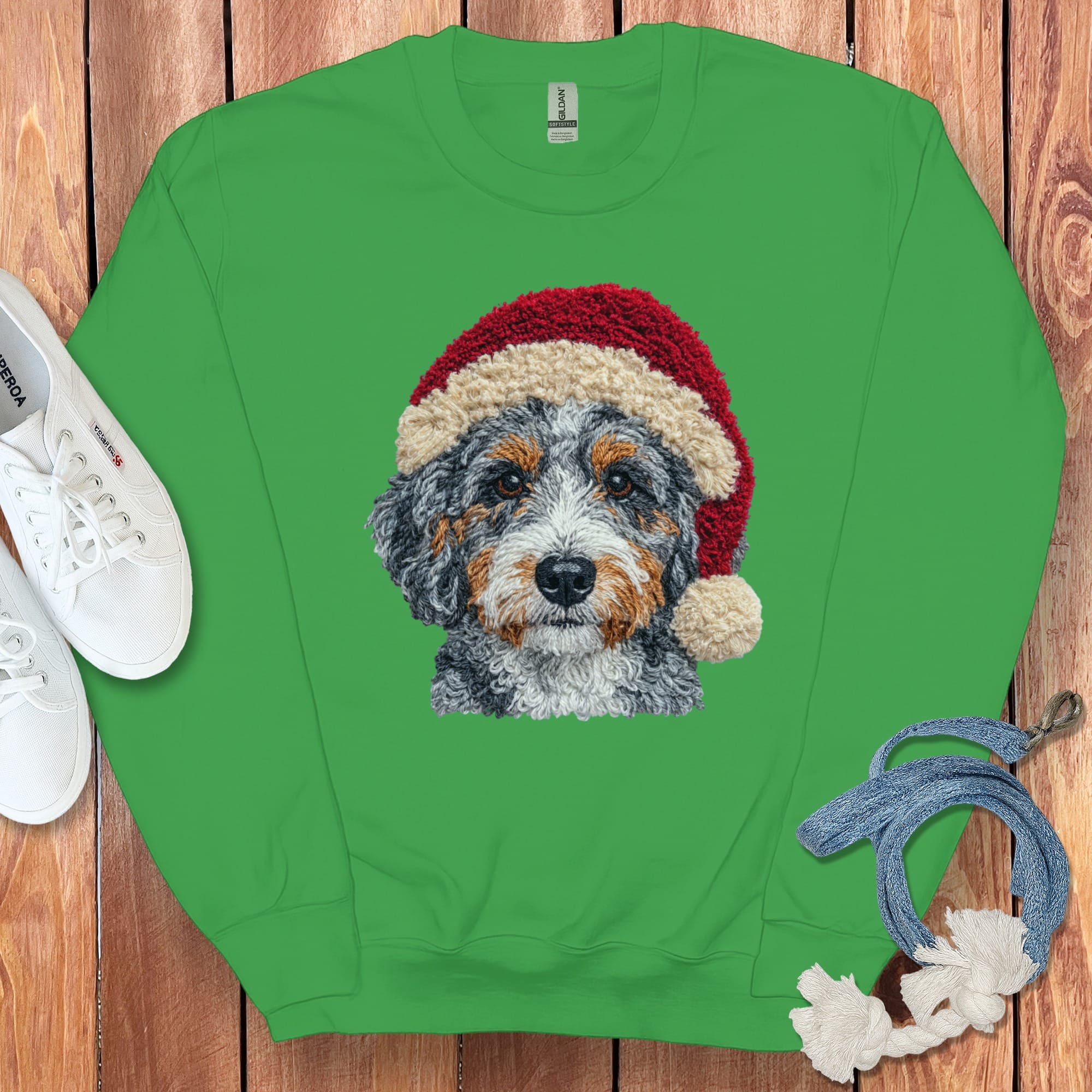 Aussiedoodle Santa Faux Yarn Sweatshirt in Irish Green / S by Puppy Jo