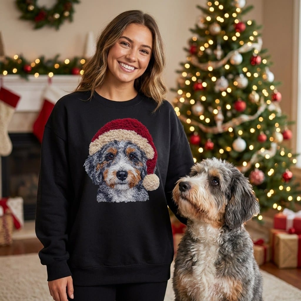 Aussiedoodle Santa Faux Yarn Sweatshirt in by Puppy Jo