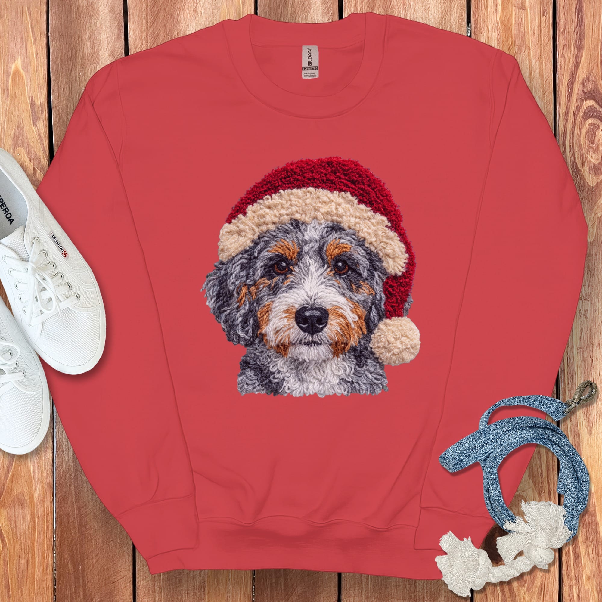 Aussiedoodle Santa Faux Yarn Sweatshirt in Red / S by Puppy Jo