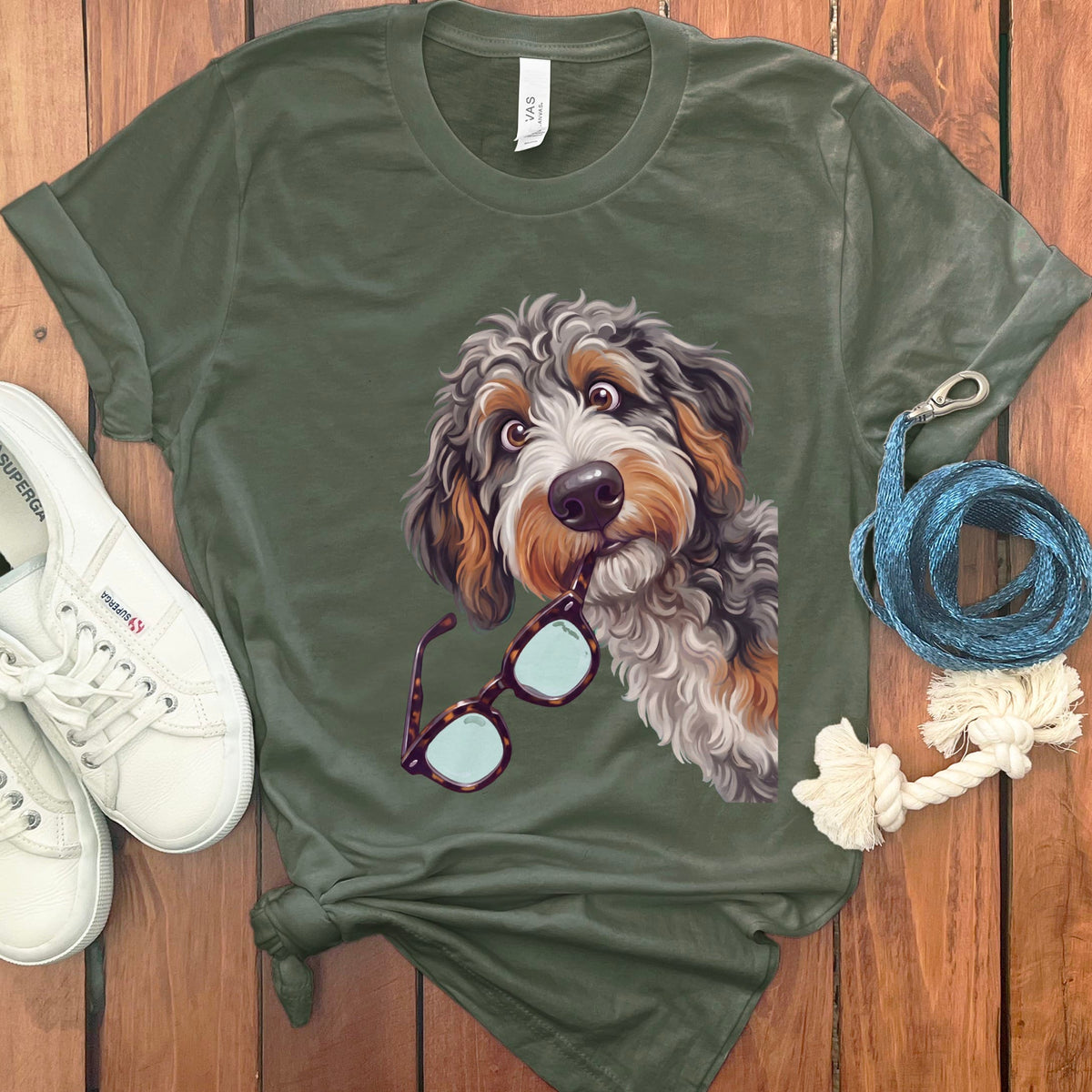Aussiedoodle Stolen Glasses T-Shirt in Military Green / S by Puppy Jo