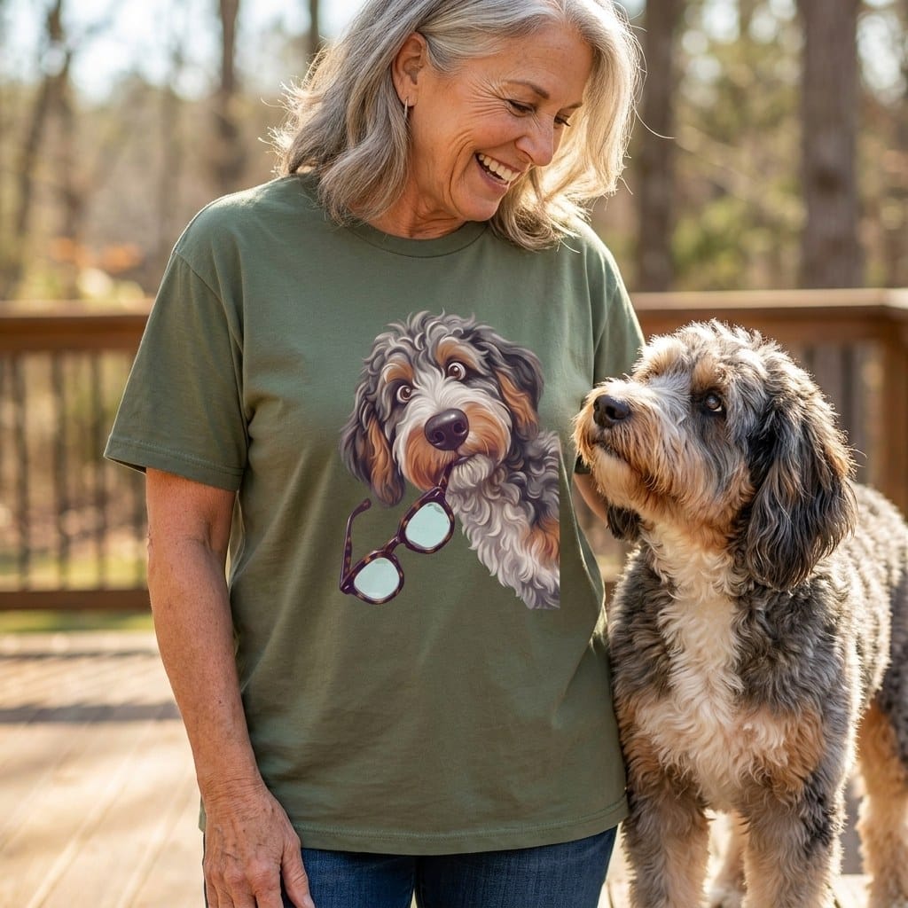 Aussiedoodle Stolen Glasses T-Shirt in by Puppy Jo
