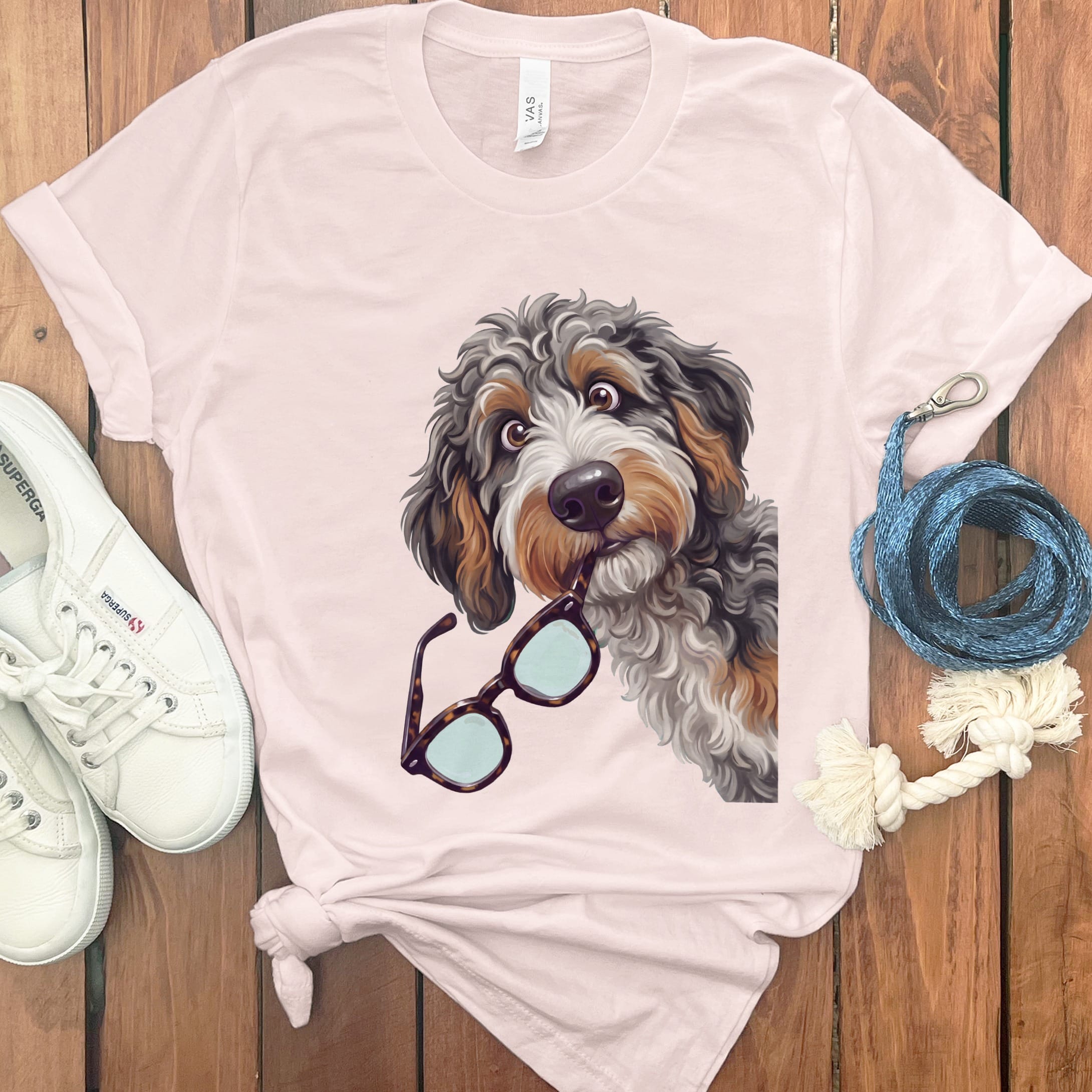 Aussiedoodle Stolen Glasses T-Shirt in Soft Pink / S by Puppy Jo