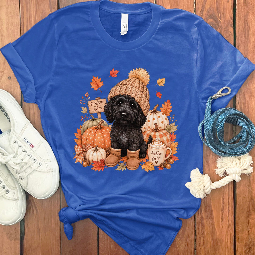 Black Goldendoodle Pumpkin Patch T-Shirt in True Royal / S by Puppy Jo