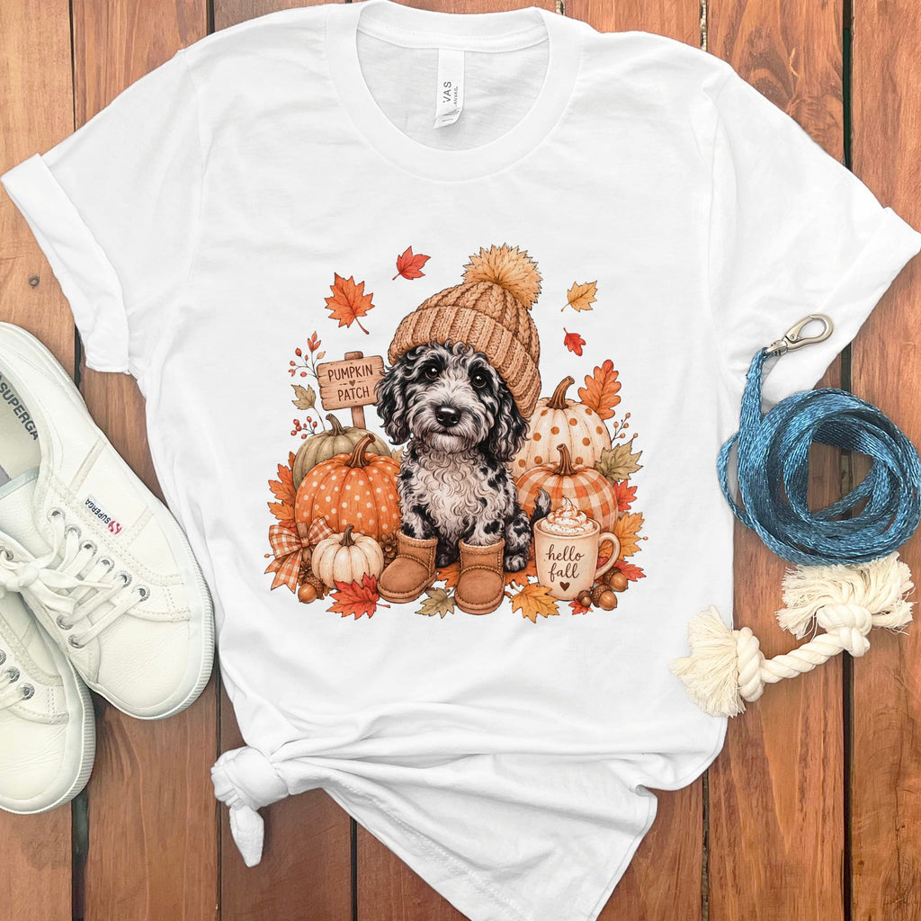 Merle Goldendoodle Pumpkin Patch T-Shirt in White / S by Puppy Jo