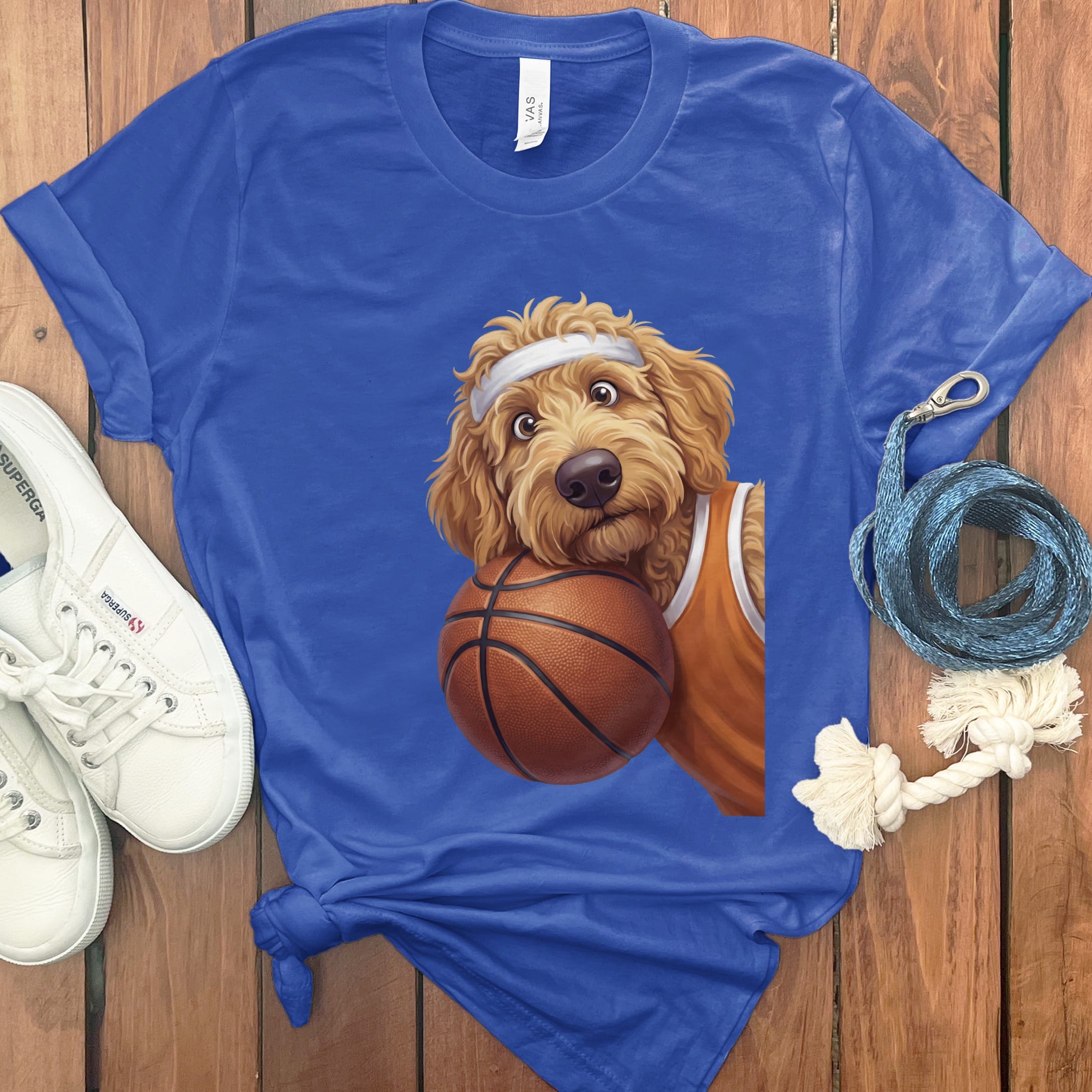 Apricot Goldendoodle Basketball Player T-Shirt in True Royal / S by Puppy Jo