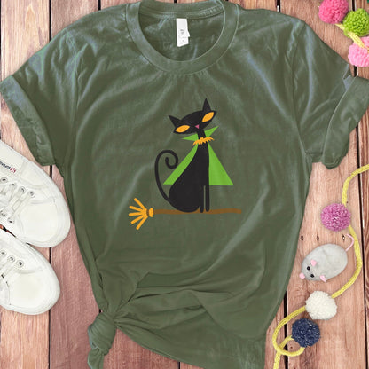 Black Cat on Broom Halloween Design T Shirt product type