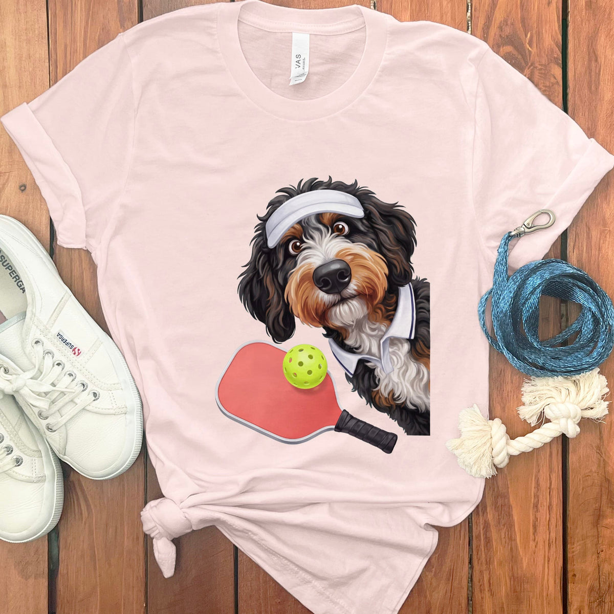 Bernedoodle Pickleball Player T-Shirt in Soft Pink / S by Puppy Jo