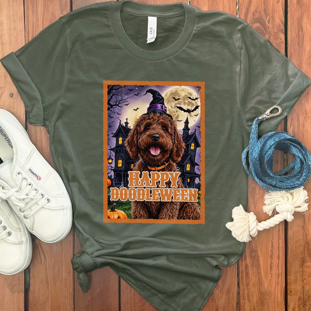Chocolate Goldendoodle Happy Doodleween T-Shirt in Military Green / M by Puppy Jo
