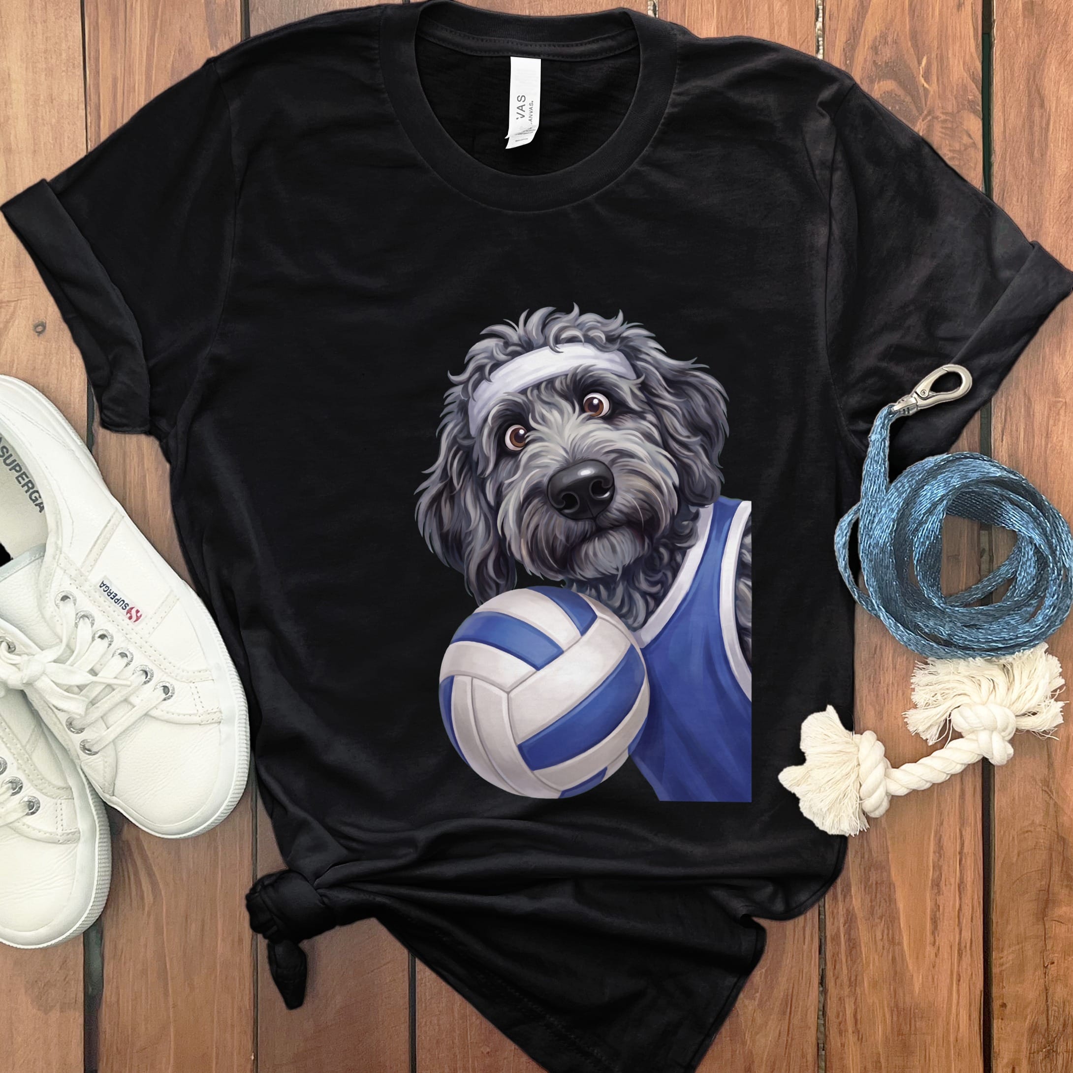 Merle Goldendoodle Volleyball Player T-Shirt in Black / S by Puppy Jo