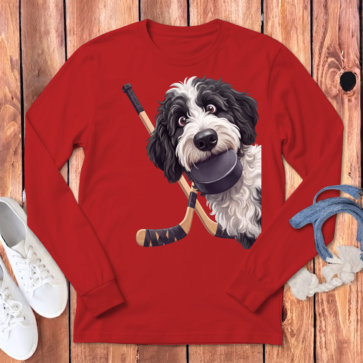 Sheepadoodle Hockey Long Sleeve T-Shirt in Red / S by Puppy Jo