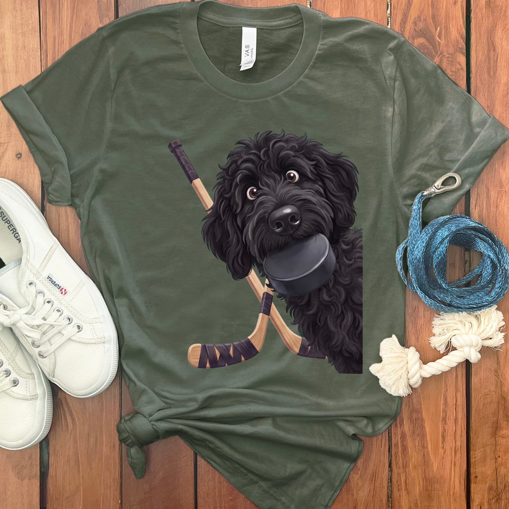 Black Goldendoodle Hockey T-Shirt in Military Green / S by Puppy Jo