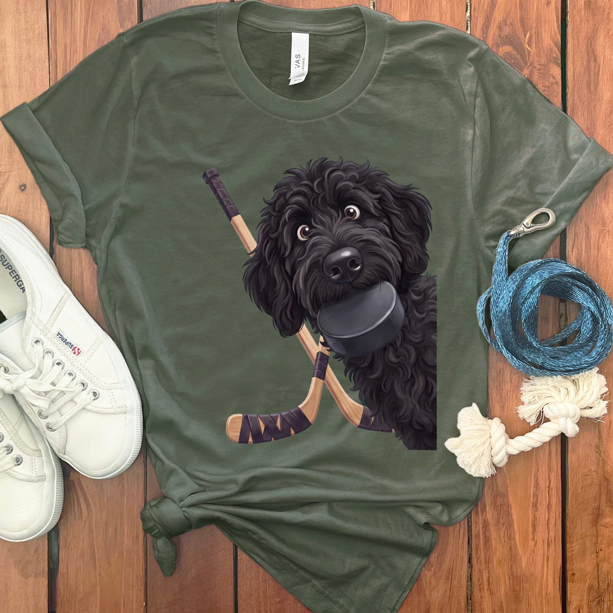 Black Goldendoodle Hockey T-Shirt in Military Green / S by Puppy Jo