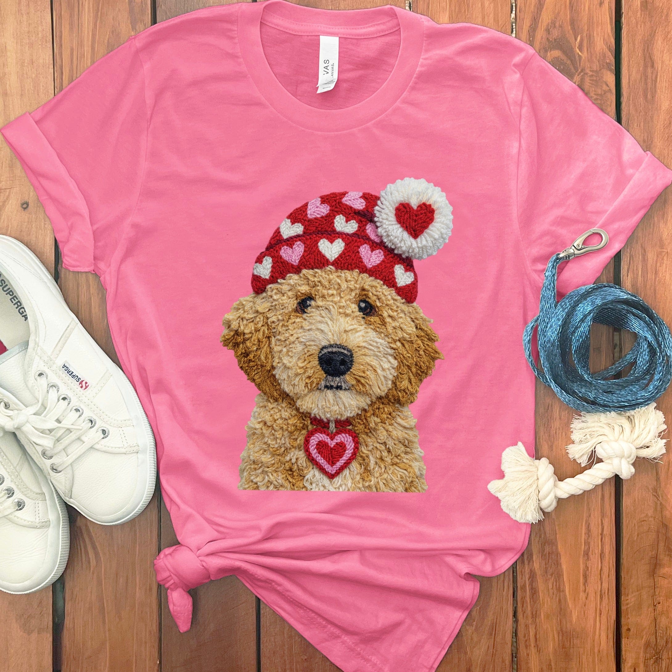 Cute Puppy with Heart Hat Pink T-Shirt Product