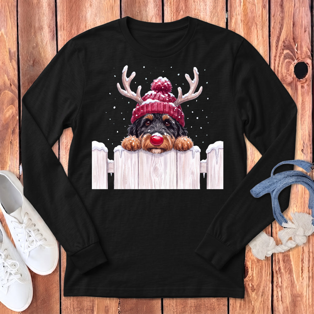 Black long sleeve shirt with a dog wearing a Santa hat and reindeer antlers.
