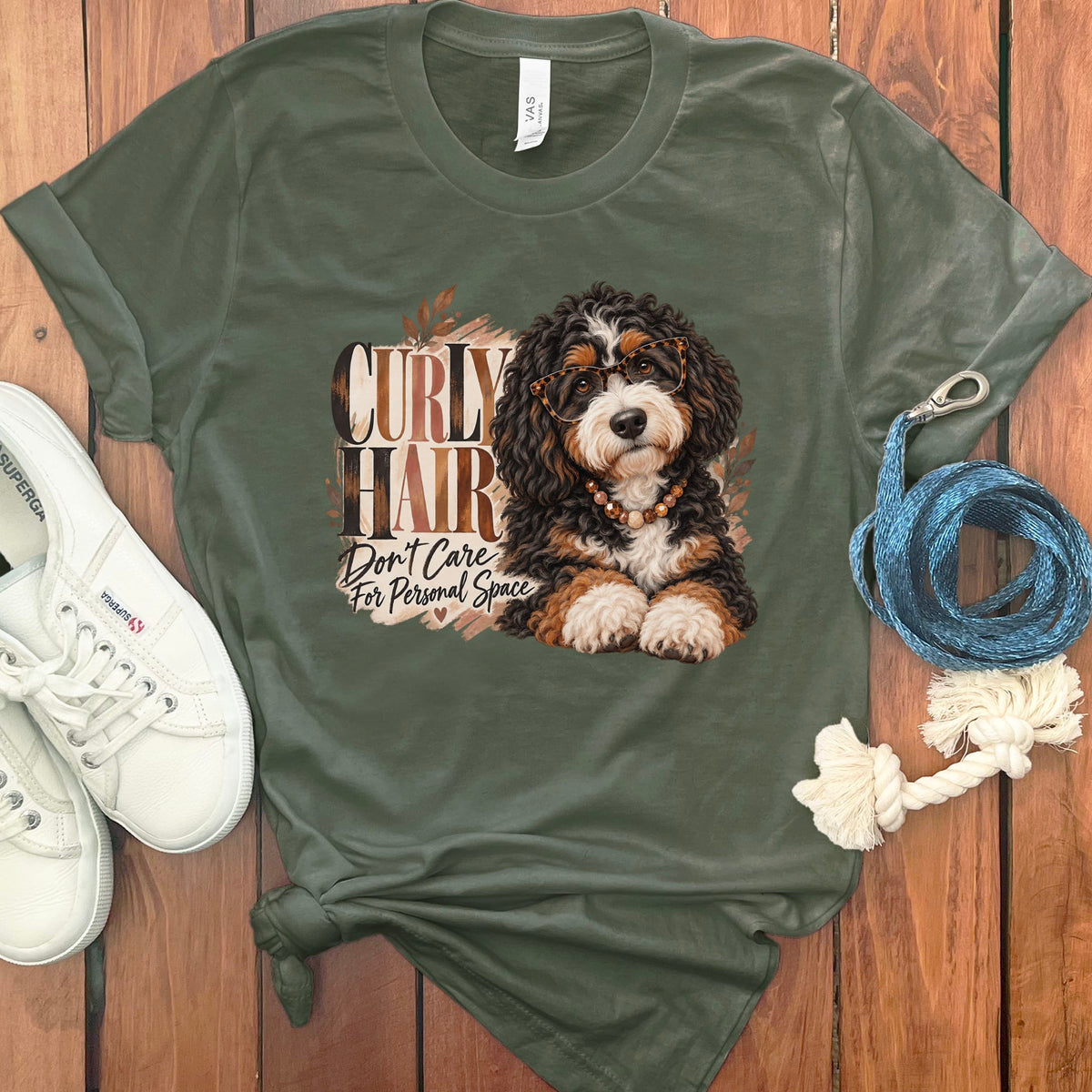Bernedoodle Curly Hair T-Shirt in Military Green / S by Puppy Jo
