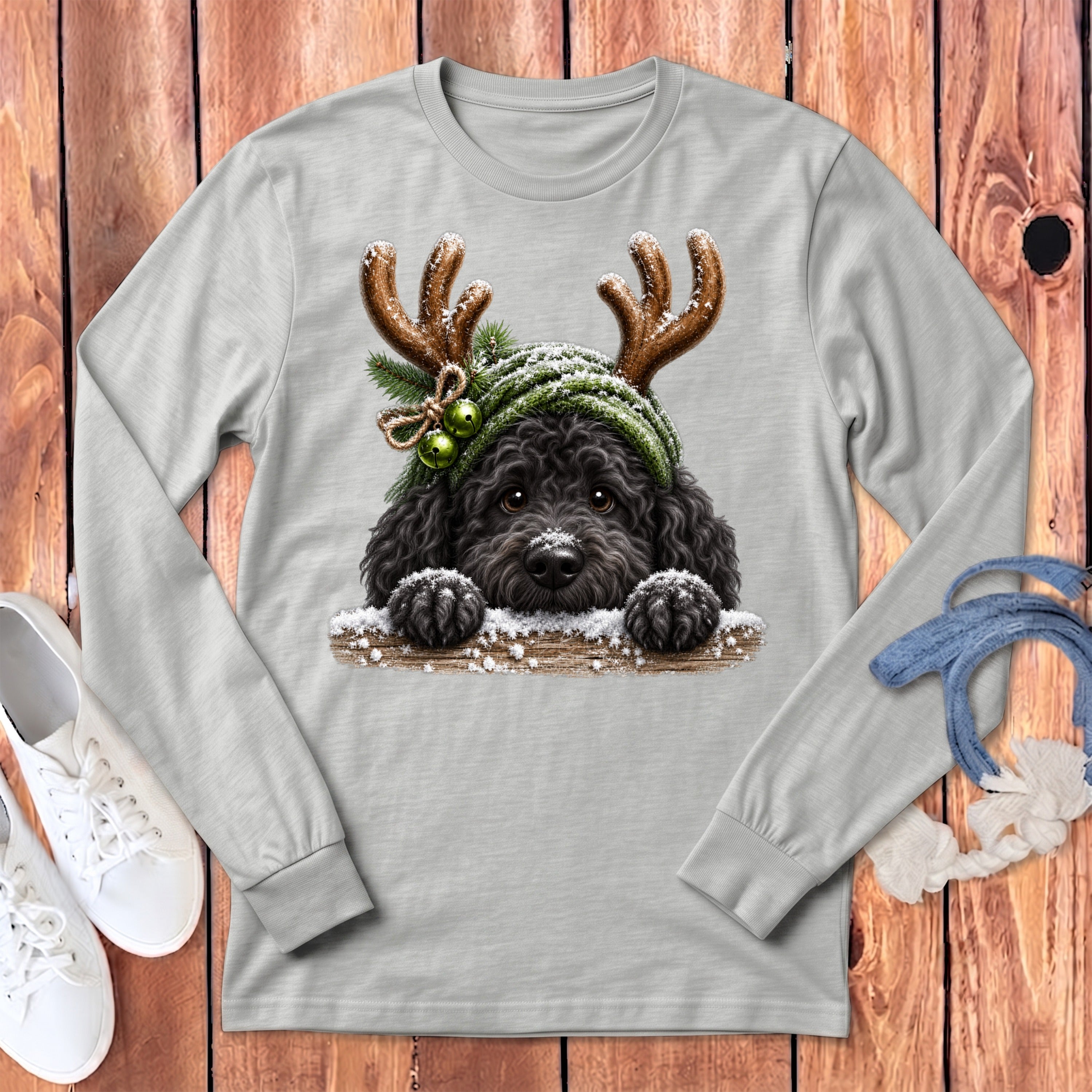 Light grey long sleeve shirt with black dog wearing antlers and green hat.