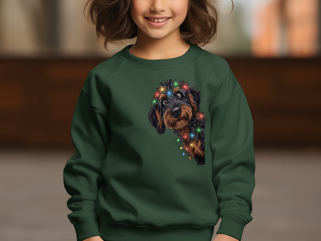 Dark green sweatshirt with a peeking doodle dog wearing Christmas lights graphic.