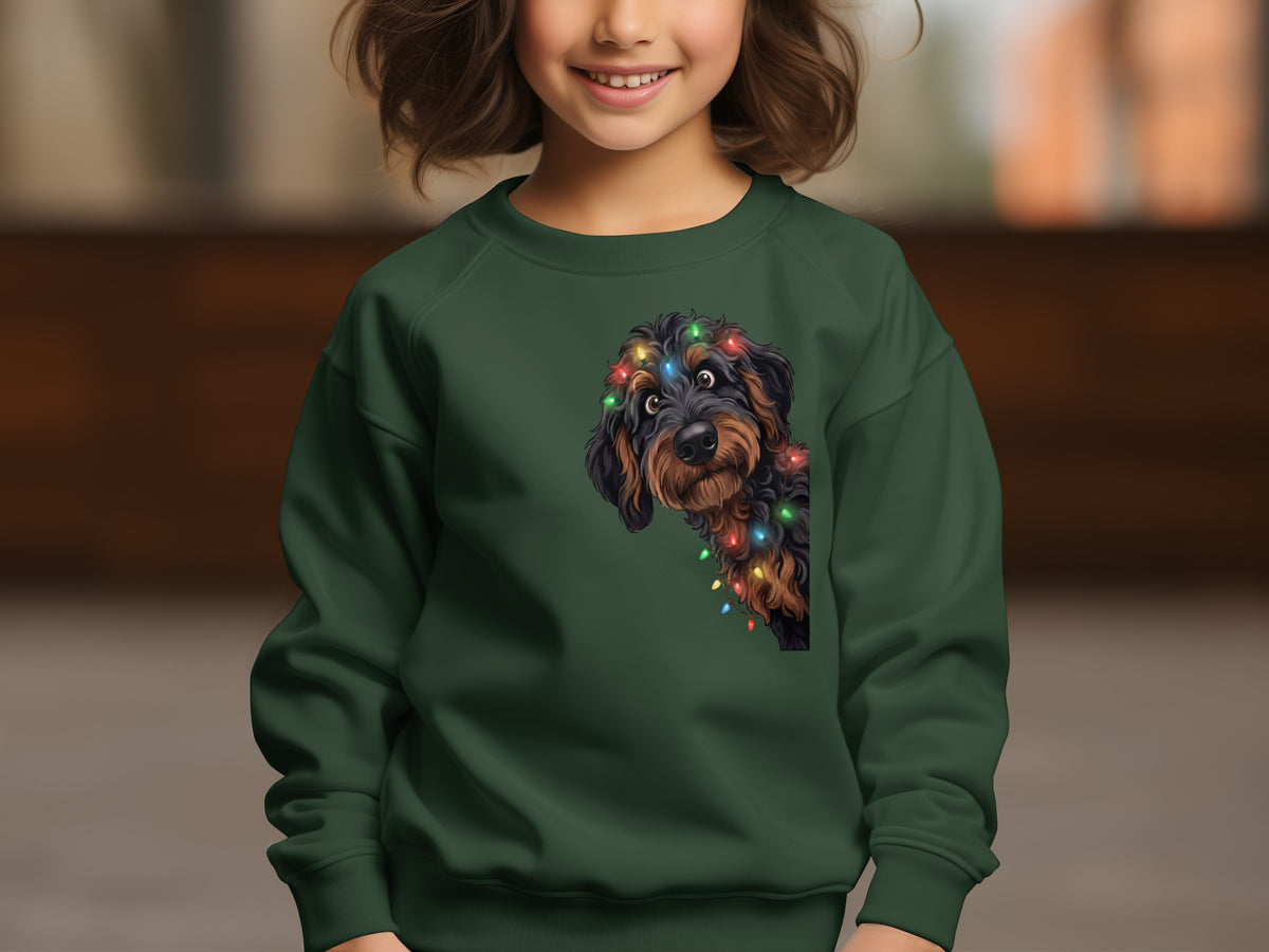 Dark green sweatshirt with a peeking doodle dog wearing Christmas lights graphic.