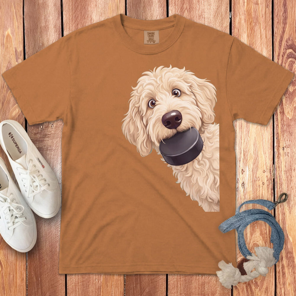 Cream Goldendoodle Hockey Puck Signature T-Shirt in Yam / S by Puppy Jo