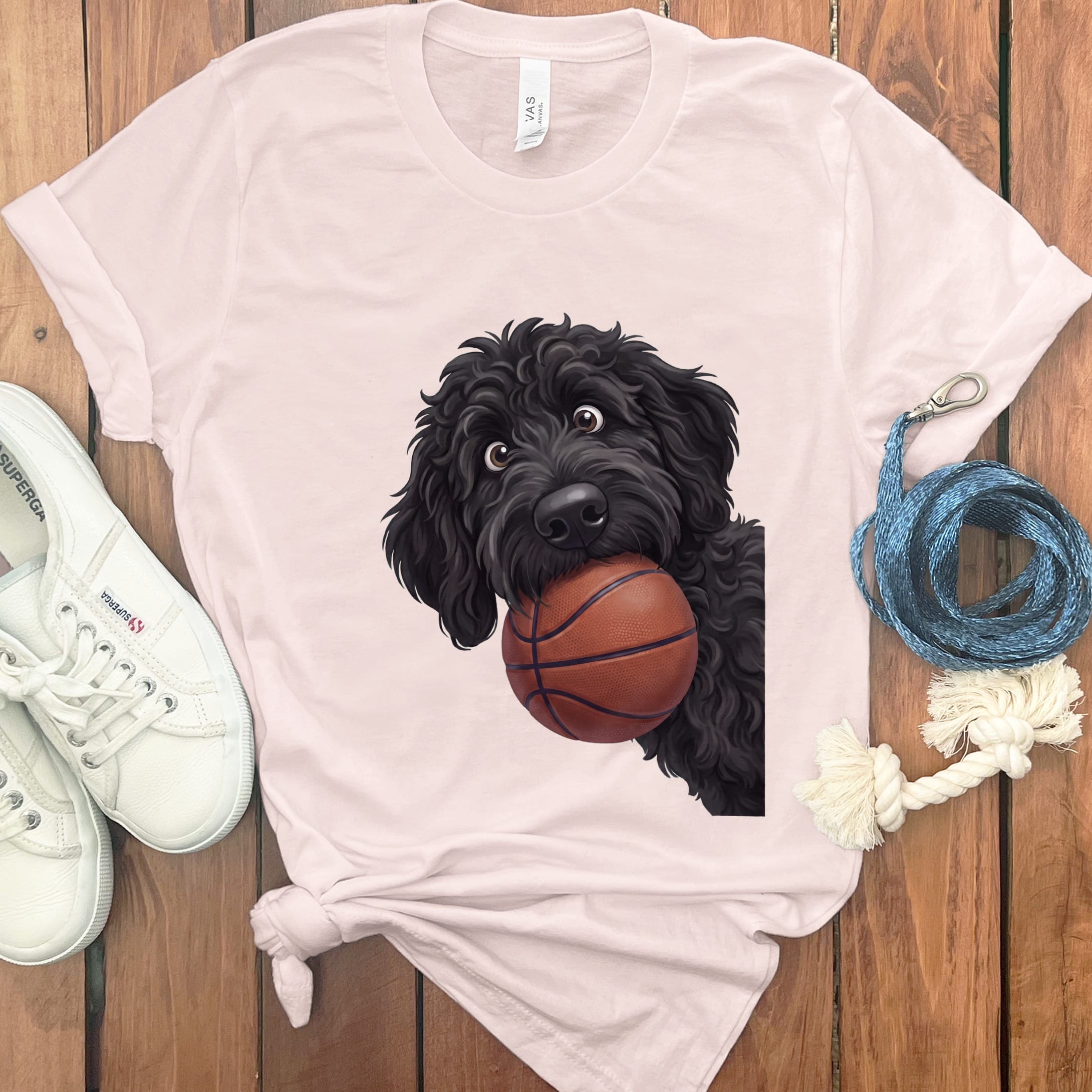 Black Goldendoodle Basketball T-Shirt in Soft Pink / S by Puppy Jo