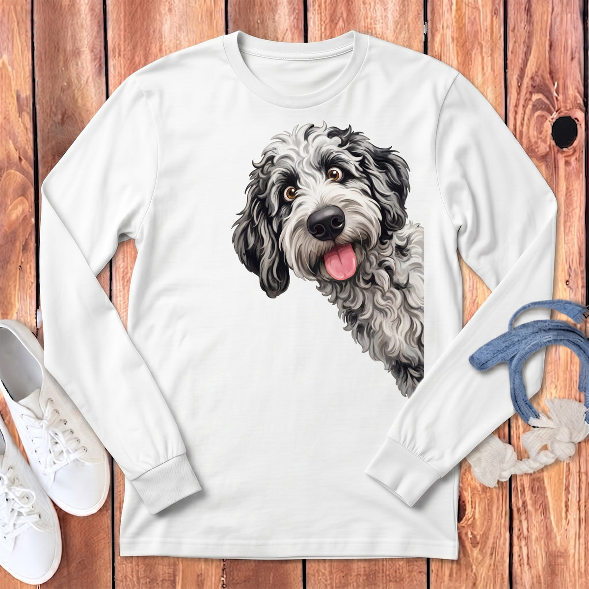 White long-sleeve shirt with a playful doodle-style dog graphic on the front.