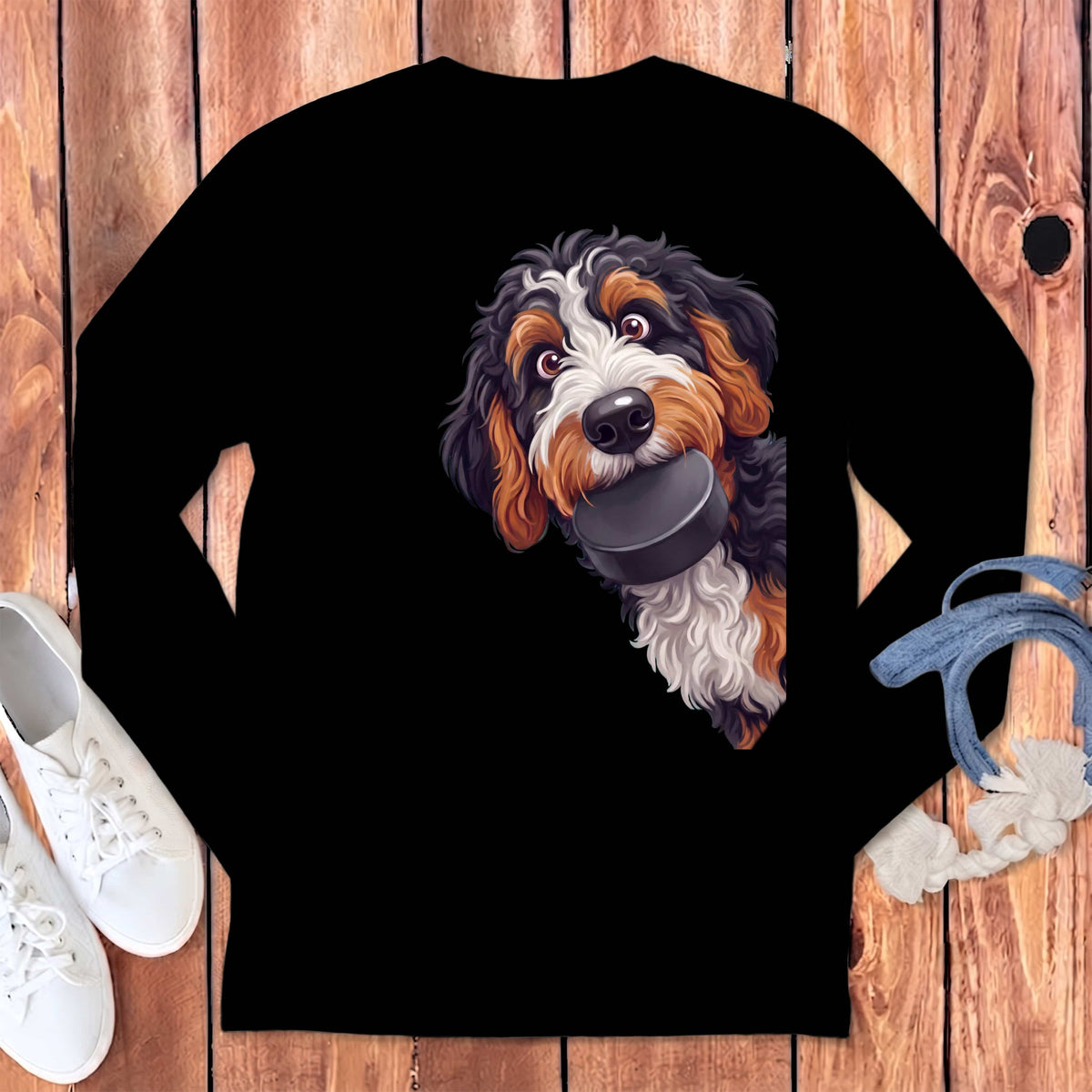 Bernedoodle Hockey Puck Long Sleeve T-Shirt in Black / S by Puppy Jo